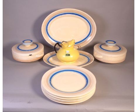 ‘CLARICE CLIFF’ A PART DINNER SERVICE COMPRISING SIX PLATES, TWO TUREENS AND TWO OVAL SERVICE DISHES (11)And a ‘Bursley Ware’