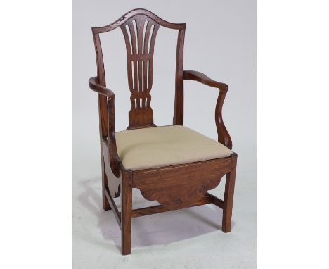 A GEORGE III AND LATER ASH AND ELM COMMODE CHAIROn tapering square supports, 57cm wide; 98cm high
