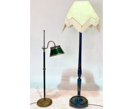 A VICTORIAN STYLE BRASS HEIGHT ADJUSTABLE STANDARD LAMP (2)131cm high, and a Victorian style blue painted standard lamp, 151c