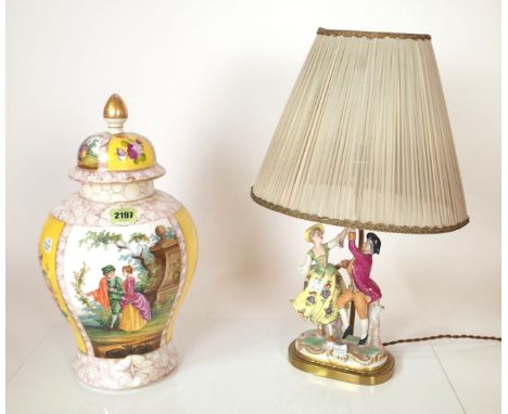 A DRESDEN PORCELAIN VASE AND COVER, WITH ALTERNATING YELLOW PANELS, AND A CONTINENTAL PORCELAIN FIGURE GROUP FITTED AS A LAMP