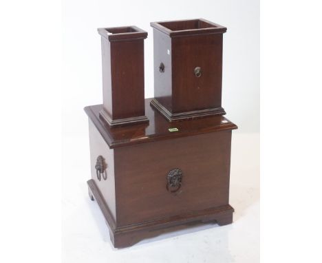 AN 18TH CENTURY STYLE MAHOGANY BOX STOOL WITH LION MASK HANDLES (3)50cm wide; 43cm high, and two similar mahogany rectangular