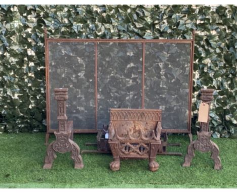 A PAIR OF IRON FIRE DOGS AND BASKET GRATE; A SMALL GOTHIC STYLE FIRE GRATE, A STEEL AND MESH FIRE SCREEN (5)107cm wide; 92cm 
