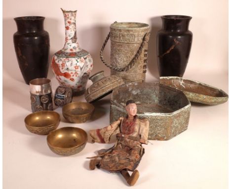 ASIAN INTEREST, INCLUDING CHINESE DOLL, CERAMIC VASE A.F METAL BOXES AND SUNDRYNo black ceramic vase in the this lot, the pai