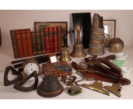 COLLECTABLES INCLUDING, TWO HAND BELLS,  BRASS ALARM CLOCK, FAUX BOOK DISPLAY, MAHOGANY COAT HANGERS AND SUNDRY.(QTY)