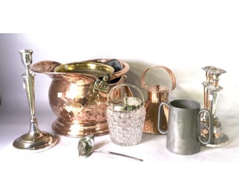 METALWARE INCLUDING A SILVER TODDY LADLE (QTY)A pair of Victorian plated candlesticks, 24cm high, another candlestick, 32cm h