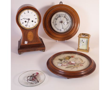 A 19TH CENTURY ROSEWOOD BALOON SHAPE MANTEL CLOCK, AN EARLY 20TH CENTURY OAK CASED BAROMETER, A MAHOGANY FRAMED CIRCULAR NEED
