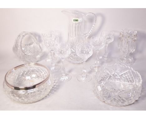 GLASSWARE INCLUDING ‘STUART’ A SET OF SIX  WINE GLASSES (QTY)A silver plated cut glass bowl, 18cm diameter; 9cm high, another