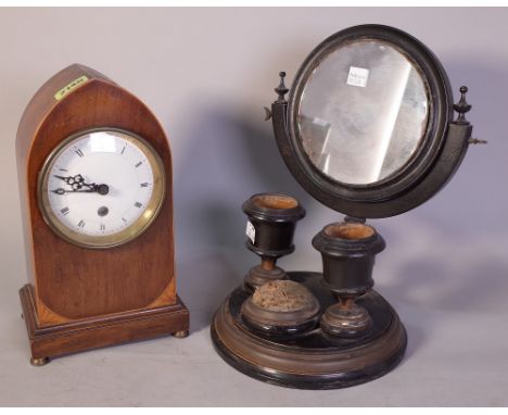 AN EDWARDIAN MAHOGANY CASED MANTEL CLOCK (2)14cm wide; 25cm high and a victorian swivel dressing table mirror 29cm high