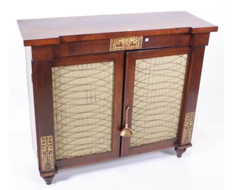 A WILLIAM IV ROSEWOOD CHIFFONIERThe inverted breakfront top on panel with inlaid brass panel, above two grille doors, 107cm w