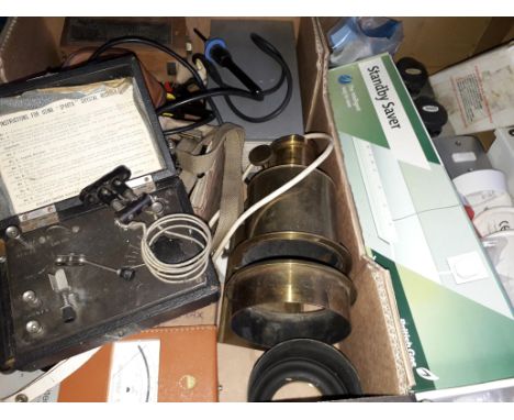 2 boxes of electricals including multiplug RCD unit, a direct online starter, gang plugs, electrical instruments, and a tube 
