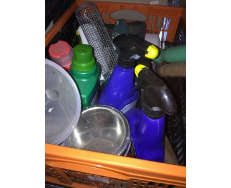 A box of gardening items, chemicals, tools etc 