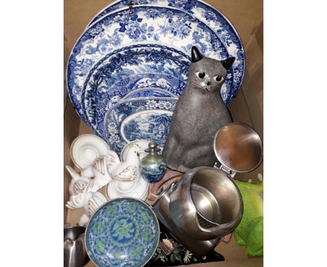 Box of items including Royal Worcester hen egg coddlers, a glass scent bottle, blue and white platters and plates etc. 