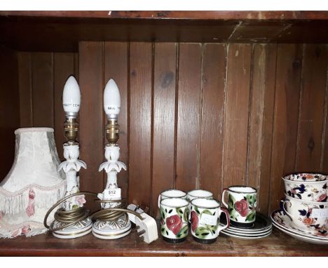 Two porcelain table lamps, cups and saucers inc. two Masons 