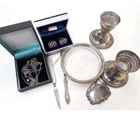 A tub of hallmarked silver and silver marked 'Sterling' including hallmarked silver sherry label, button hook, nail file, mod