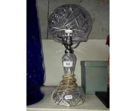 A cut glass mushroom lamp. Condition - small chip to base, wear to metal, otherwise fine.&nbsp;