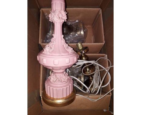 Box of lampsCondition: a couple of small chips to base and a few minor niggles to petals on pink pottery lamp.