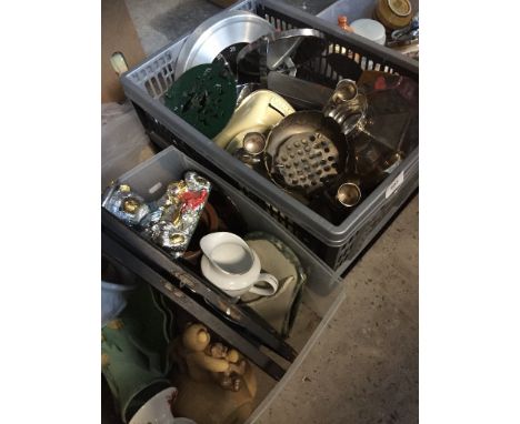 3 boxes of misc ornaments, vases, EPNS, Salter weighing scales, clocks, etc. 