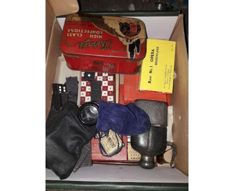 A mixed box including cribbage board, hip flask, dominoes, opera glasses etc 