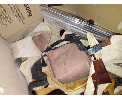 A box of leather offcuts, a boxed barbecue, and a vintage wooden tray 