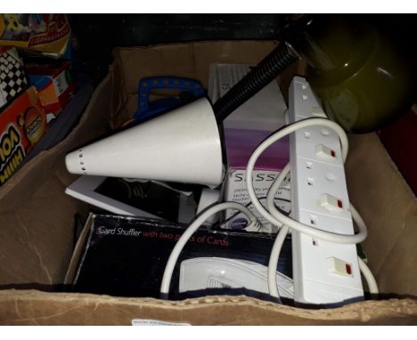 A box of electricals including table lamp, hair dryer, digital photo frame, large digit telephone 