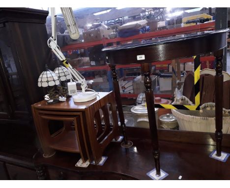An inlaid mahoghany demi lune table, a retro nest of tables, a pair of glass/lead shaded  and able lamps and a white desk lam