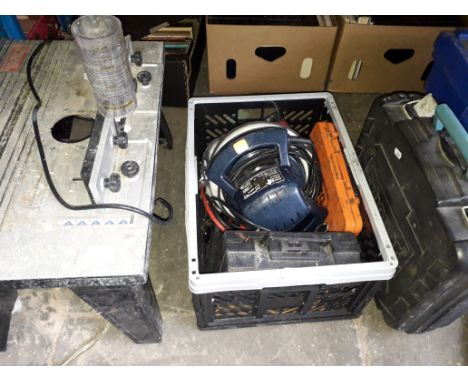 Various power tools including 18v cordless drill in case, router table, 2 polishers, jump leads, electric saw and socket set 