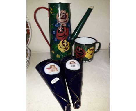 Pair of porcelain wall vases and two enamel pieces 