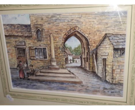 T. Watkins, 'Abbey Gate, Cartmell', watercolour, signed lower right, 22cm x 31cm, framed and glazed. 