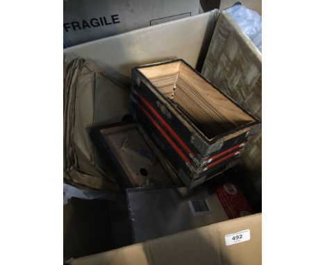 A mixed box including marble chess board and set - (chessmen AS FOUND), coffee grinder, and some 78rpm records 