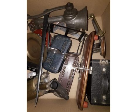 Box with mincer, brass blow lamp and other items 