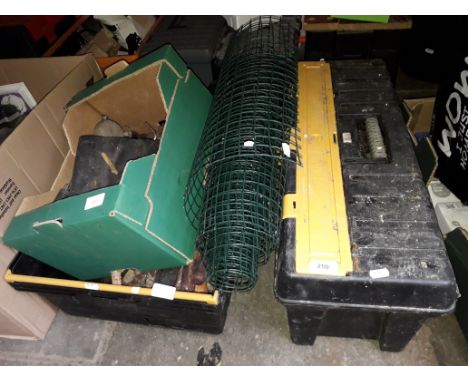 2 boxes and a toolbox containing tools, and a small roll of wire netting 