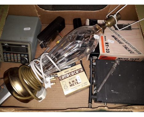 Box of walkie talkies etc. and a table lamp 