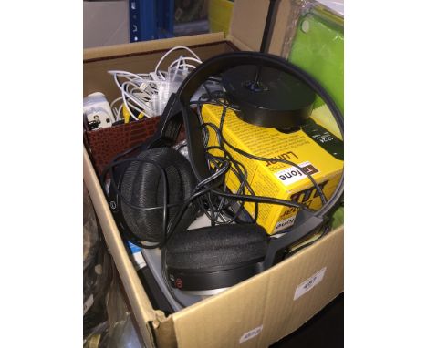 2 boxes of electricals including headphones, phone and wii console etc. 