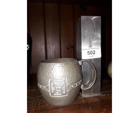 Small Talbot Arts and Crafts pewter jug and an Art Nouveau pewter squar evase 