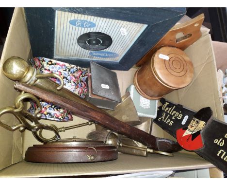 Brass fire irons, wooden spoon, framed single record, barometer and other items 