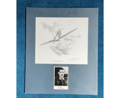 Adolf Galland 22x18 mounted signature piece includes original pencil drawing of Oberstleutnant Adolf Galland Geschwader Kommo
