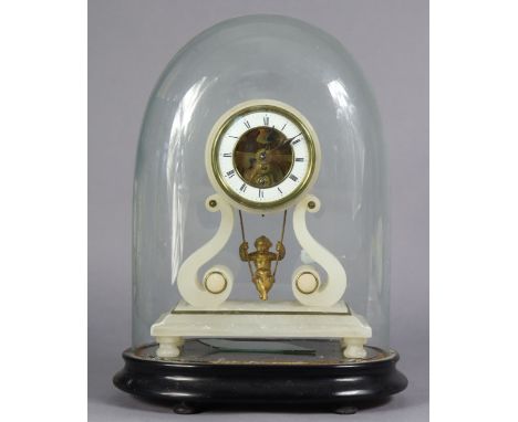 A 19th century French alabaster &amp; brass mounted timepiece with 3” white enamel chapter ring, exposed movement, &amp; cher