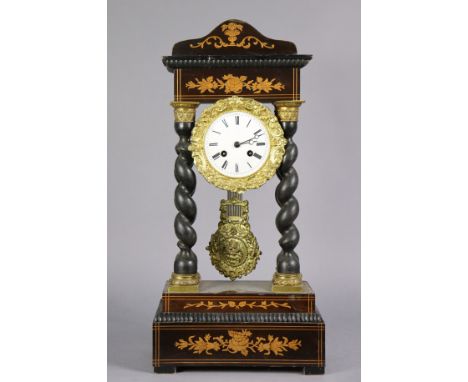 A late 19th century inlaid-mahogany portico clock, with foliate gilt brass mounts &amp; pendulum, on barley-twist supports &a