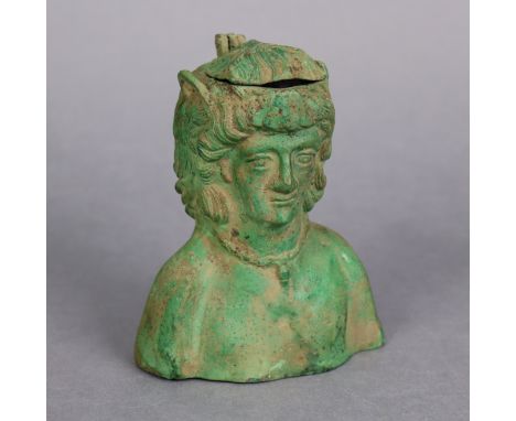 A Roman-style bronze janiform balsamarium, in the form of two conjoined busts of a youth, the principal bust wearing a neckla