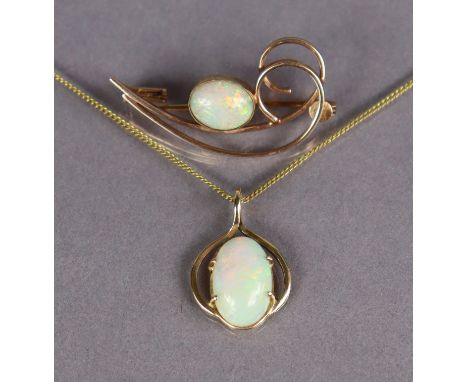 An opal pendant, the oval stone set in yellow metal mount, with “rolled-gold” fine-link chain necklet; &amp; a similar opal b