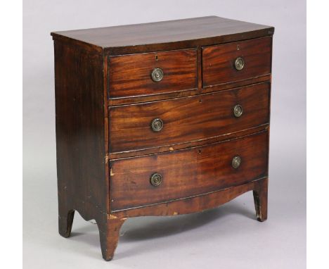 A 19th century mahogany bow-front chest with crossbanded top, fitted two short and two long graduated drawers with brass ring