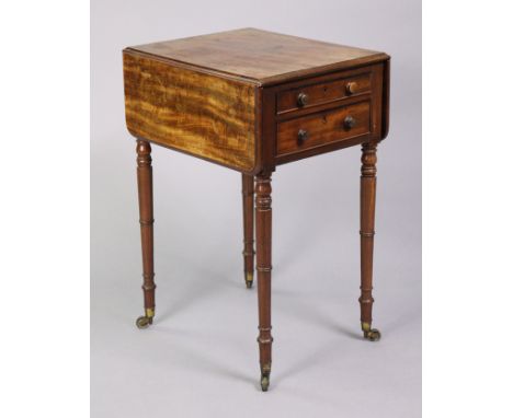 An early 19th century mahogany drop-leaf work table, fitted two frieze drawers to one end with turned knob handles, on ring-t