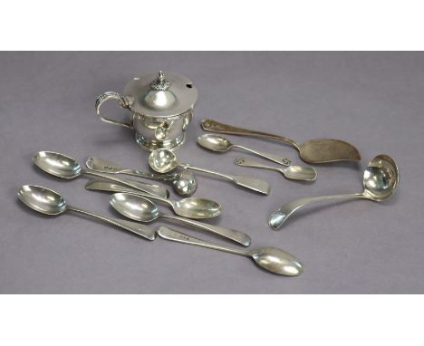 Five odd silver Old English teaspoons; a cream ladle; a serving spoon with leaf-shaped bowl; four condiment spoons; &amp; a q