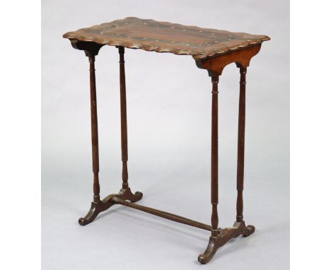 A Killarney walnut rectangular occasional table with card-cut edge to the inlaid top, on slender turned supports, 26¼” wide x