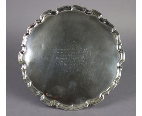  A George V silver salver with raised pie-crust border, the centre with interesting WWI Naval inscription: “Presented to the 
