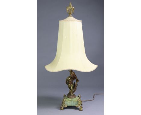 A 19th century style cast speltre &amp; onyx figural table lamp on four foliate feet, with shade, 35” high x 17” wide over-al