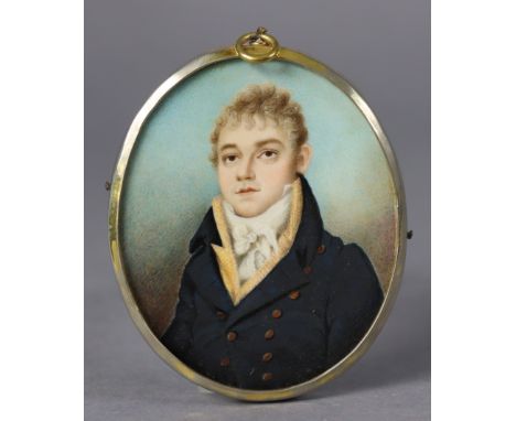 An early 19th century portrait miniature of a gentleman, wearing navy jacket with white cravat, short curled blond hair, 2¾” 