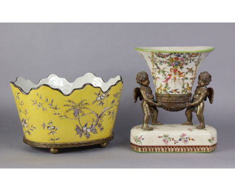 A modern decorative ceramic yellow-glazed oval jardiniere by Wong Lee with brass mounts, 12¼” wide x 7” high, &amp; another t