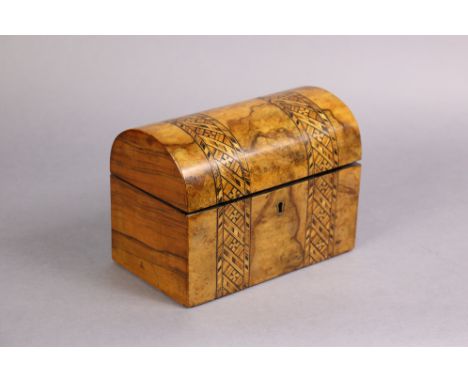 A Victorian burr-walnut dome-top rectangular tea caddy with inlaid parquetry decoration 8” wide x 5¾” high x 4¾” deep.