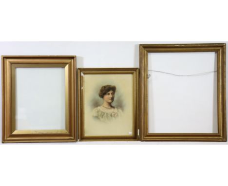 Three various antique rectangular picture frames, one containing a coloured print of a female portrait, 27” x 31”, 27” x 23”,